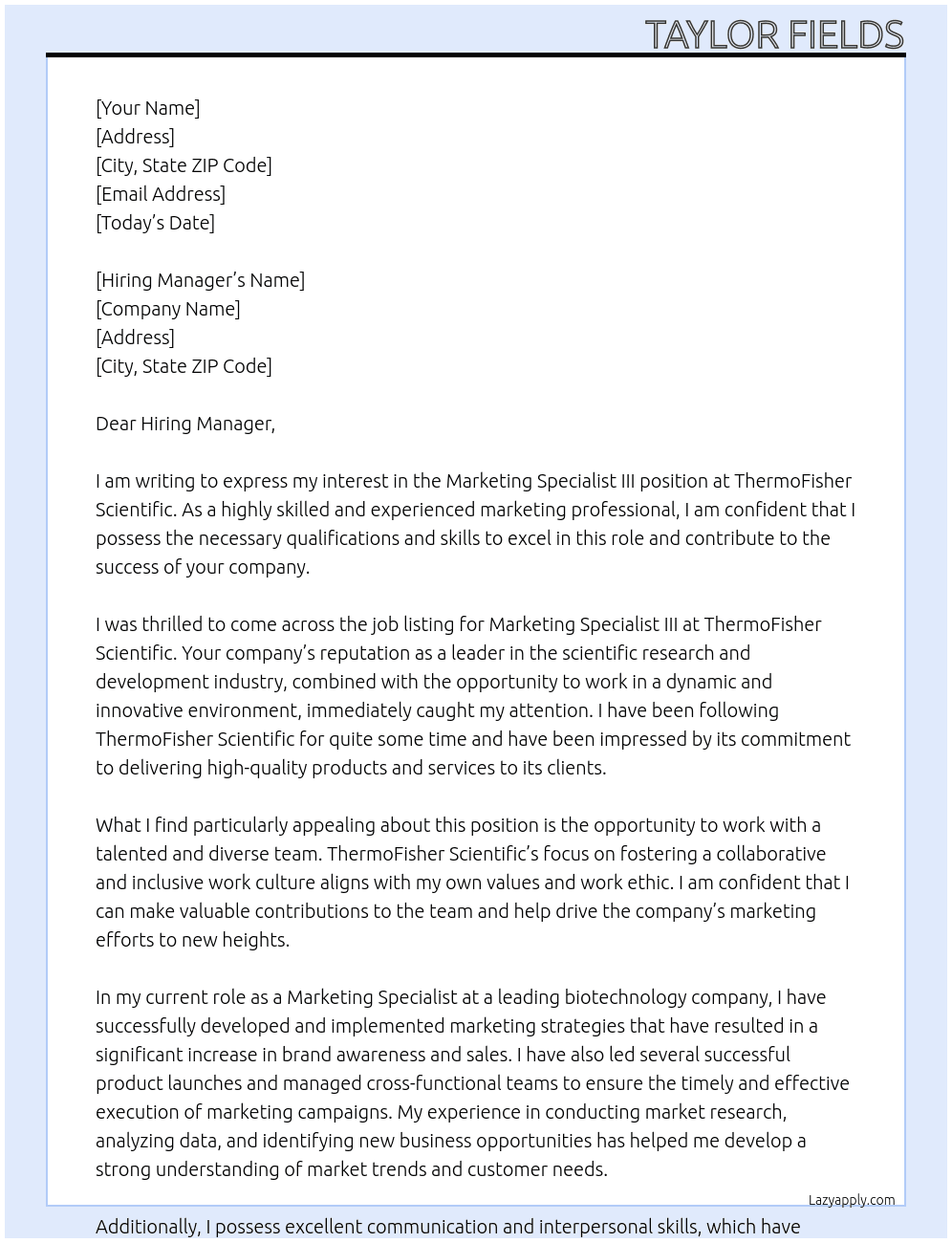 Marketing Specialist III At ThermoFisher Scientific Cover Letter