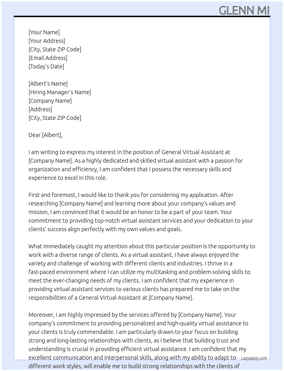 General Virtual Assistant At virtual assistant Cover Letter