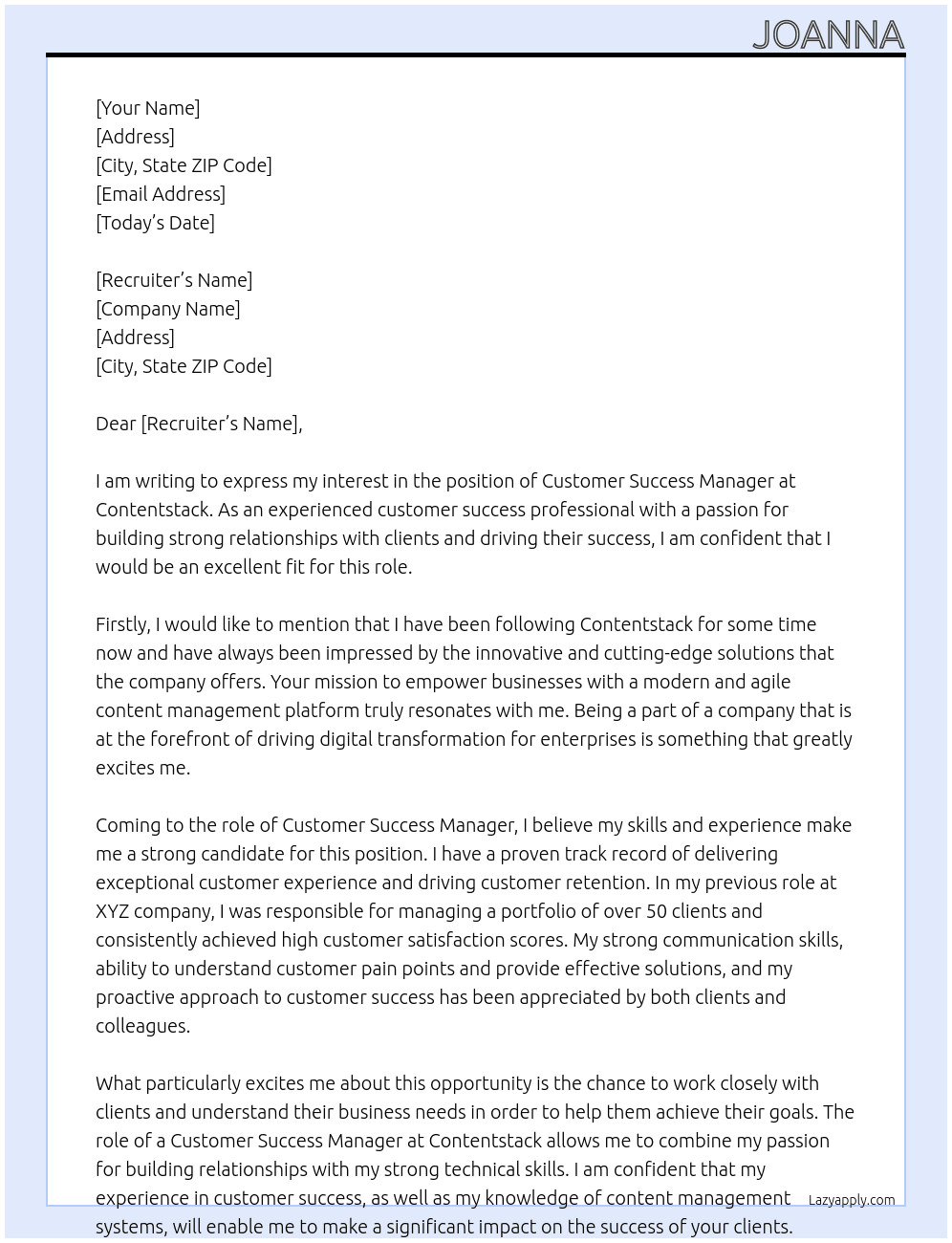 Customer Success Manager At Contentstack Cover Letter
