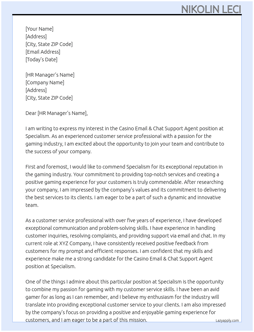 Casino Email & Chat Support Agent  At Specialism Cover Letter