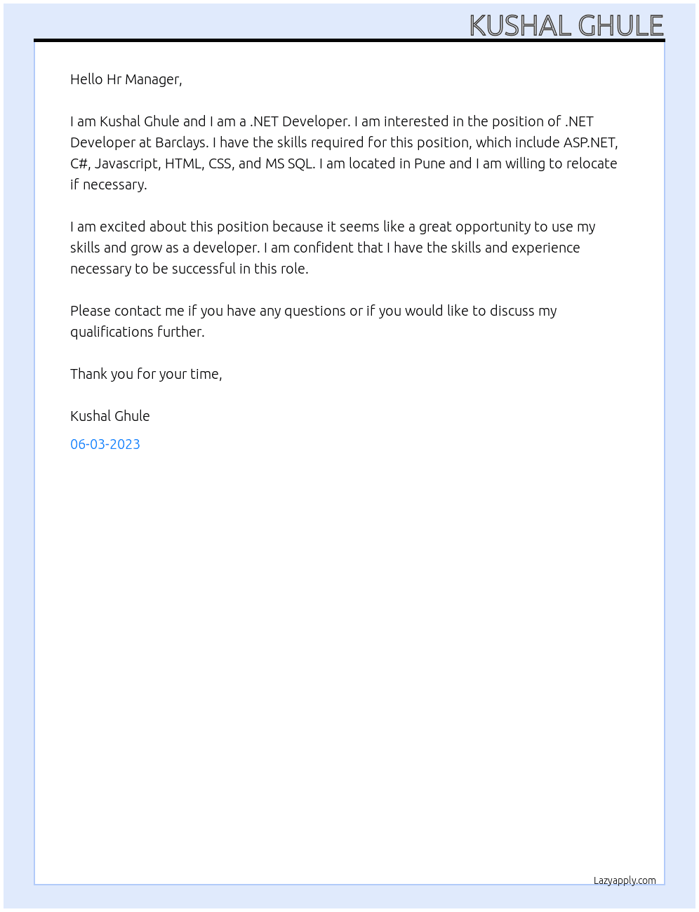 .NET Developer At Barclays  Cover Letter
