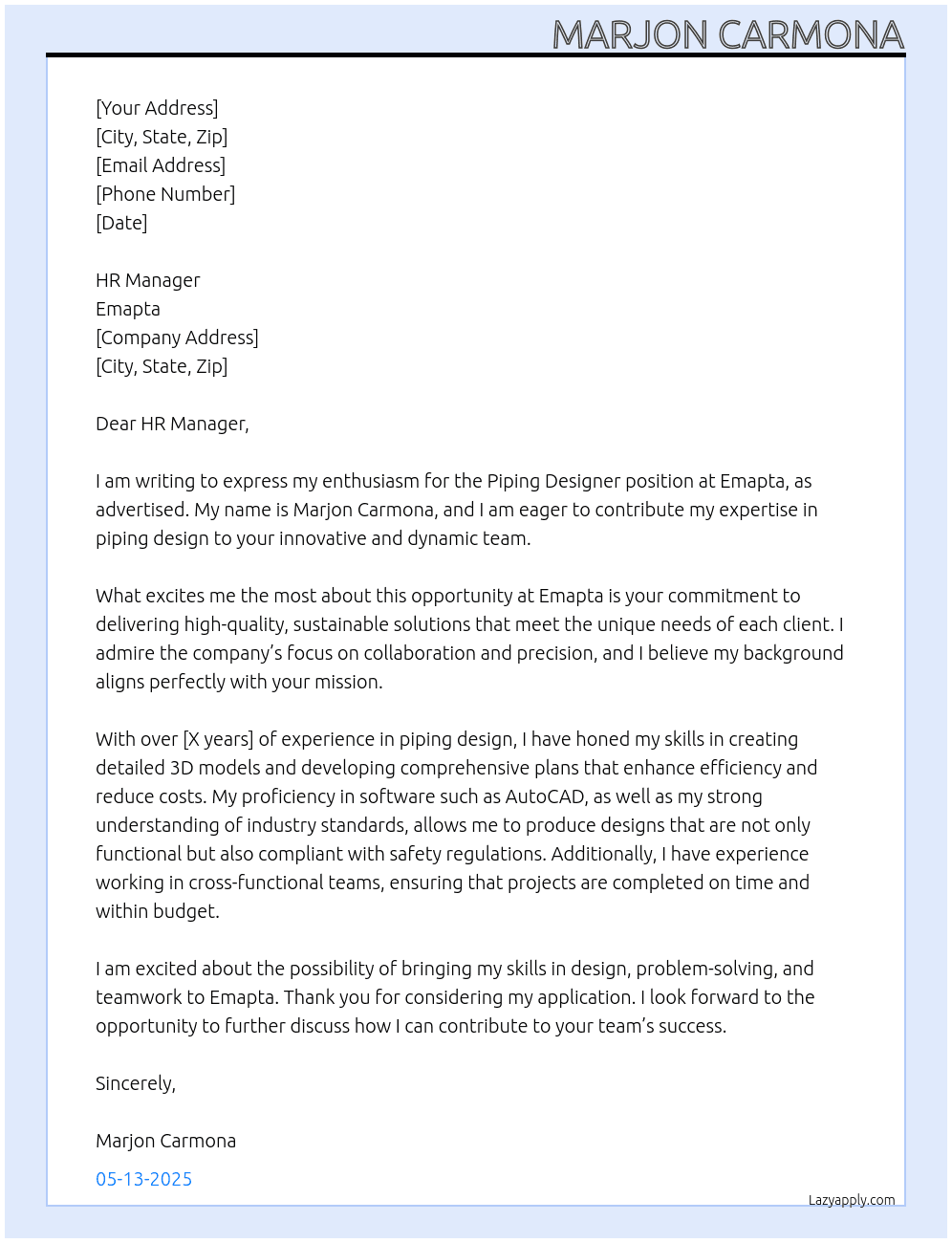 Piping designer At emapta Cover Letter