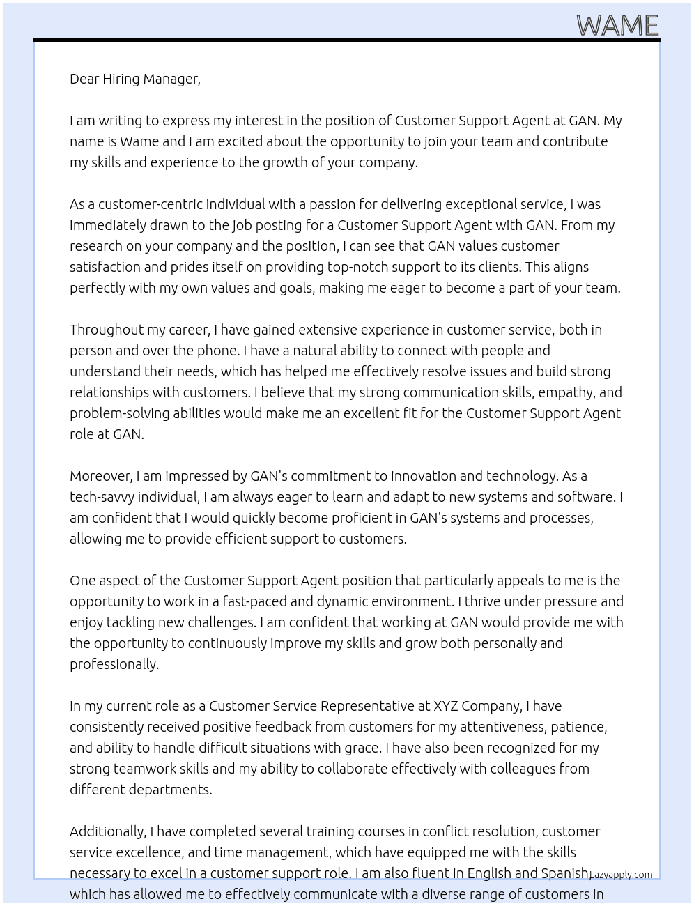 Customer Support Agent At GAN Cover Letter