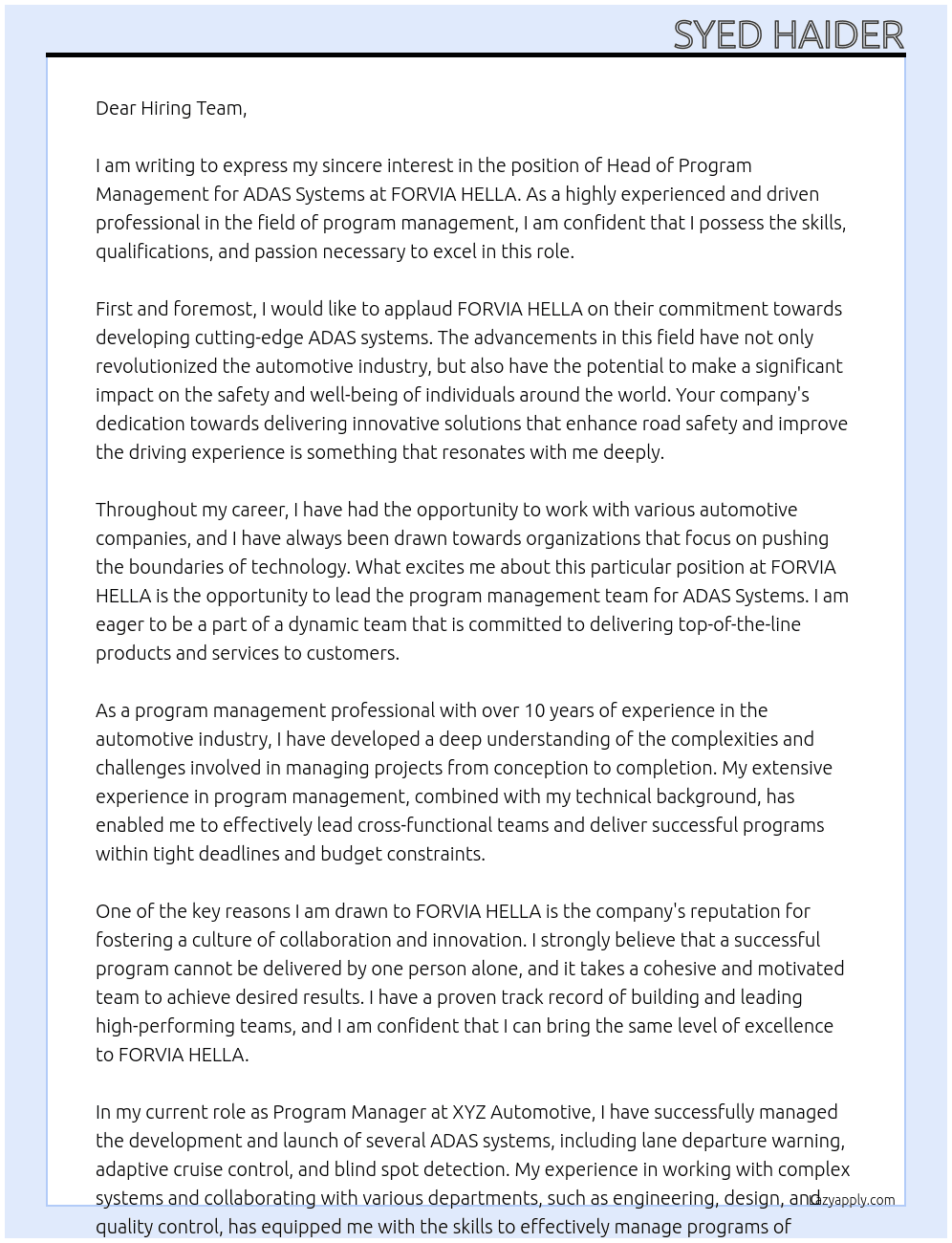 Head of Program Management - ADAS Systems At FORVIA HELLA Cover Letter