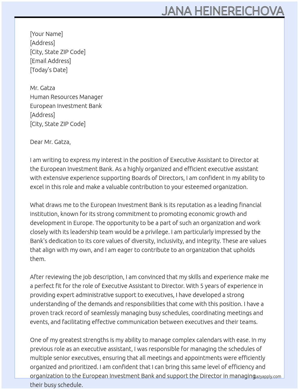 Executive assistant to Director At European Investmen Bank Cover Letter