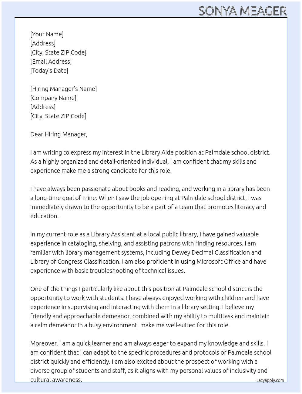 Library Aide At Palmdale school district Cover Letter