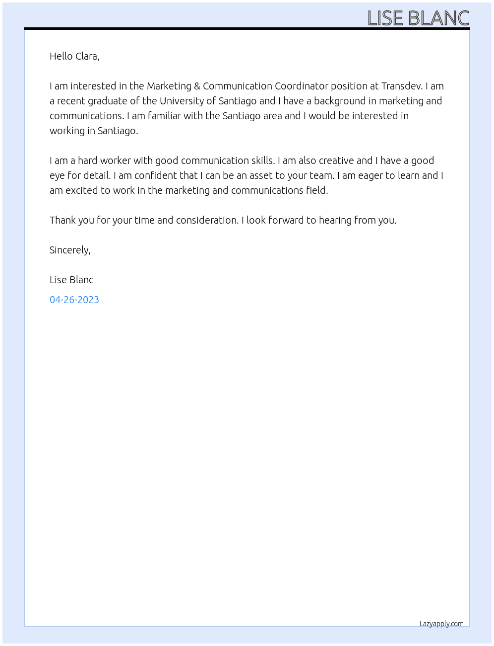 MARKETING & COMMUNICATION COORDINATOR At Transdev Cover Letter