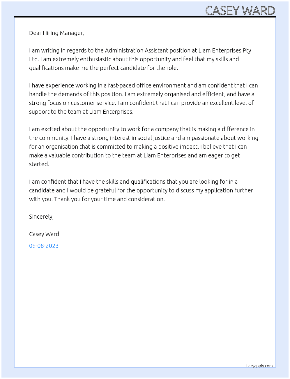 Administration Assistant At Liam Enterprises Pty Ltd Cover Letter