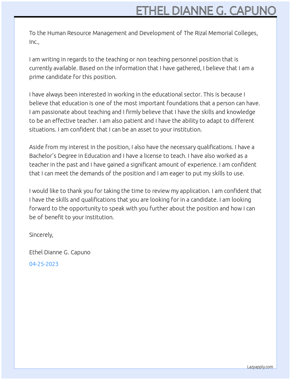 teaching or non teaching personnel At The Rizal Memorial Colleges, Inc Cover Letter