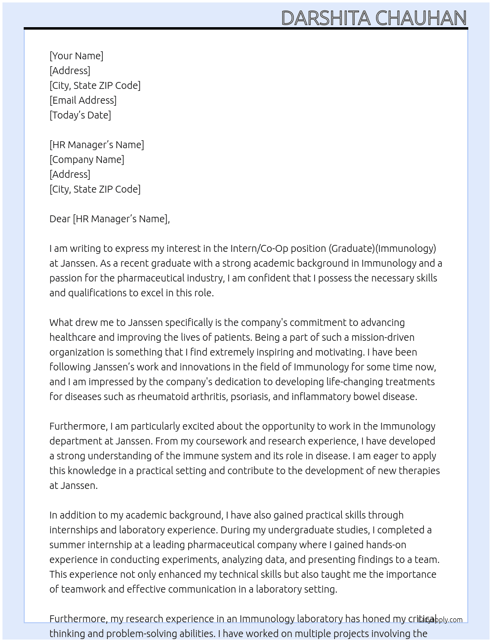 Intern/Co-Op (Graduate)(Immunology) At Janssen Cover Letter