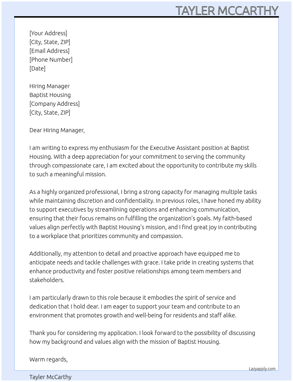Executive assistant At Baptist Housing  Cover Letter