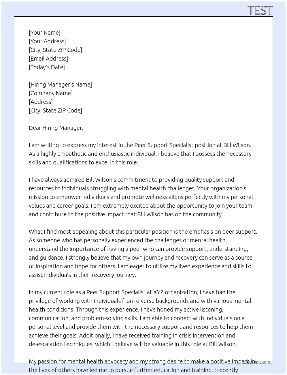 Peer Support Specialist At Bill Wilson Cover Letter