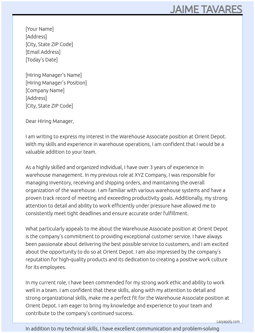 Warehouse Associate At Orient Depot Cover Letter