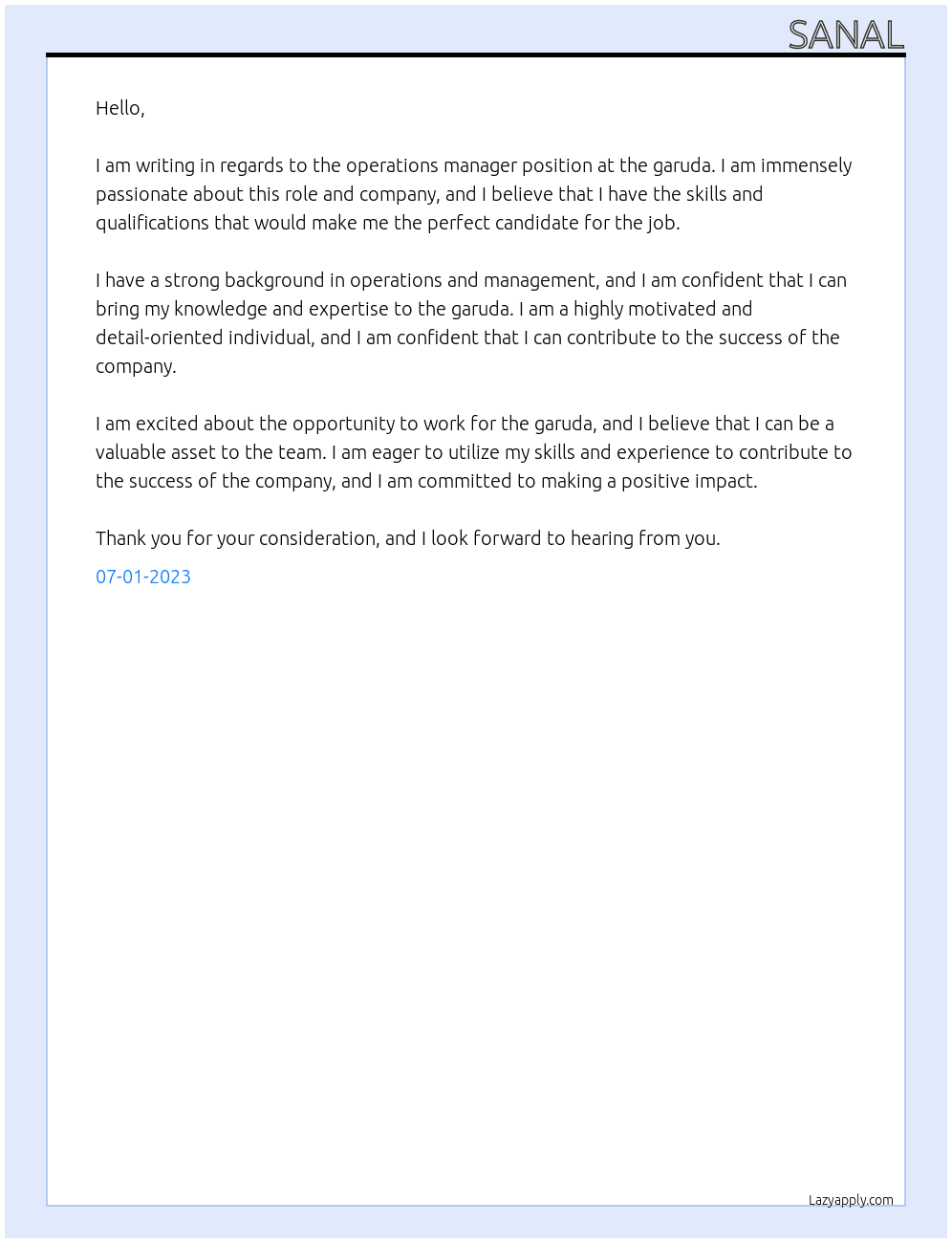operations manager At the garuda Cover Letter