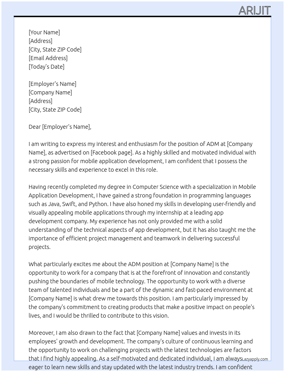 ADM Company At Facebook page Cover Letter