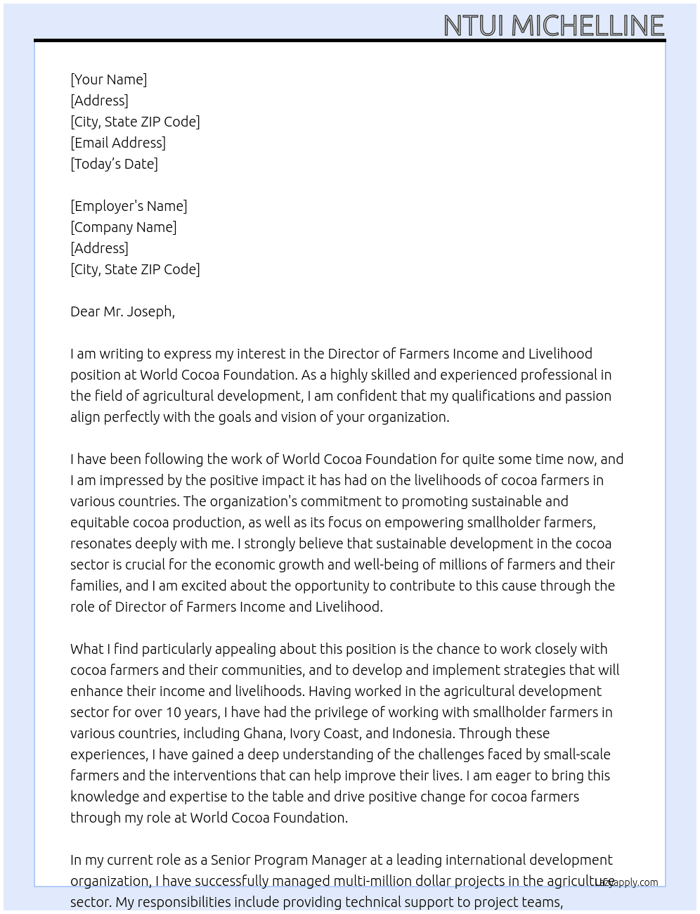 Director Famers income and livelihood At World Cocoa Foundation Cover Letter