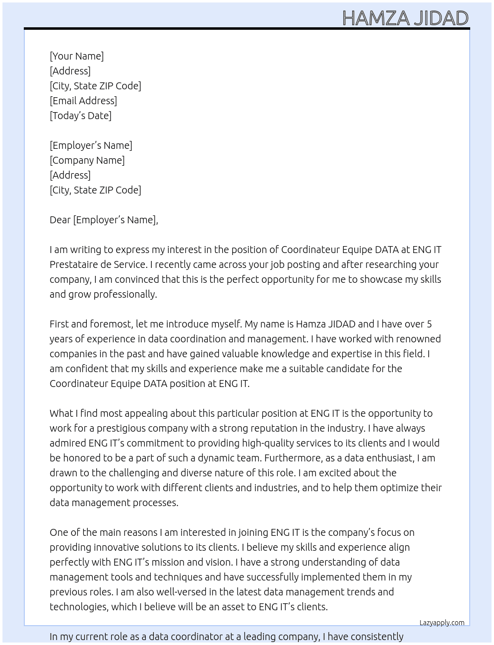 Coordinateur Equipe DATA At eng it prestataire de service Cover Letter