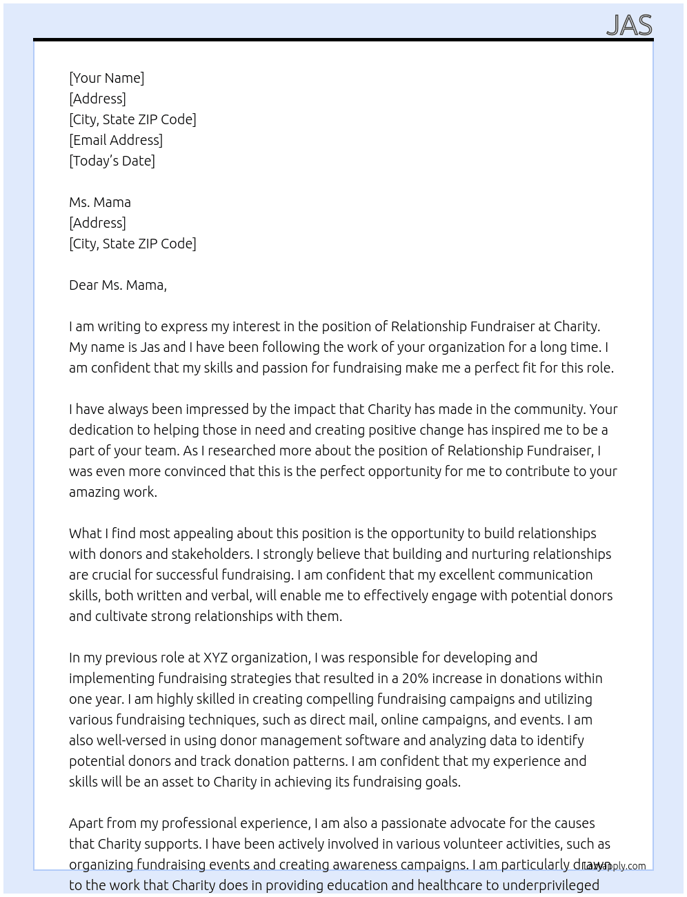 relationship fundraiser At charity Cover Letter