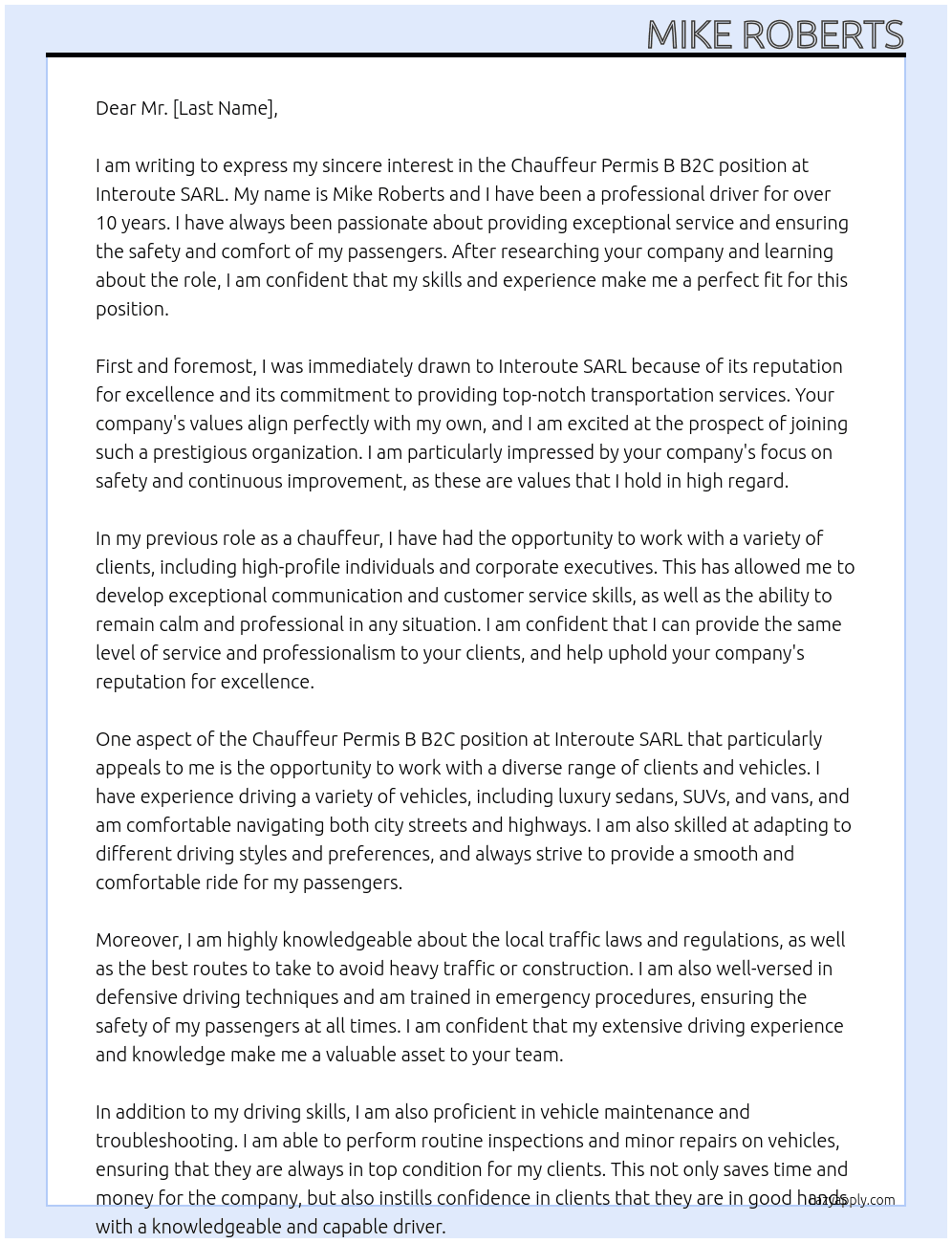 Chauffeur Permis B B2C At Interoute SARL Cover Letter