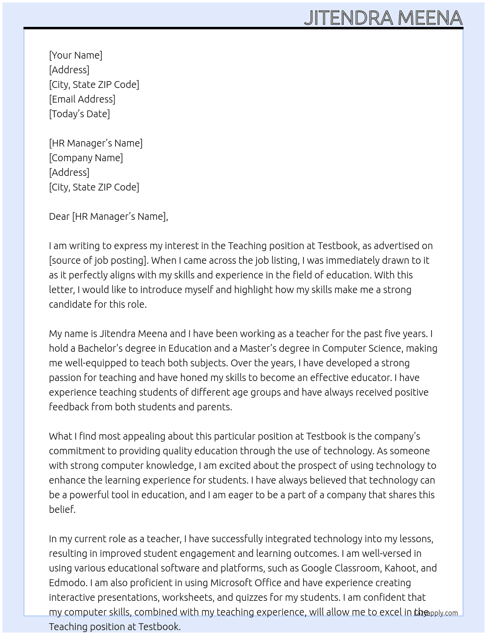 Teaching  At Testbook  Cover Letter