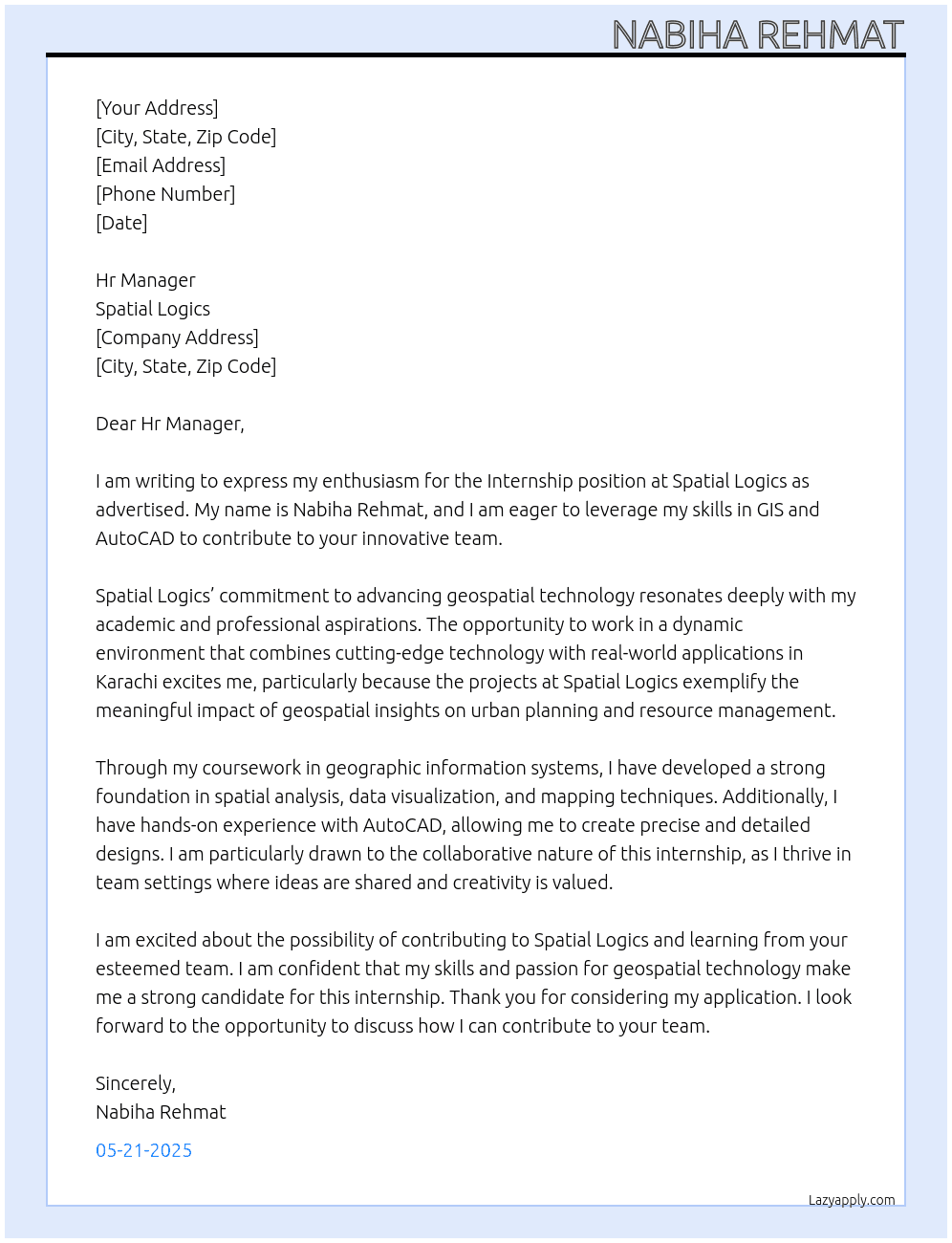 Internship At Spatial logics Cover Letter