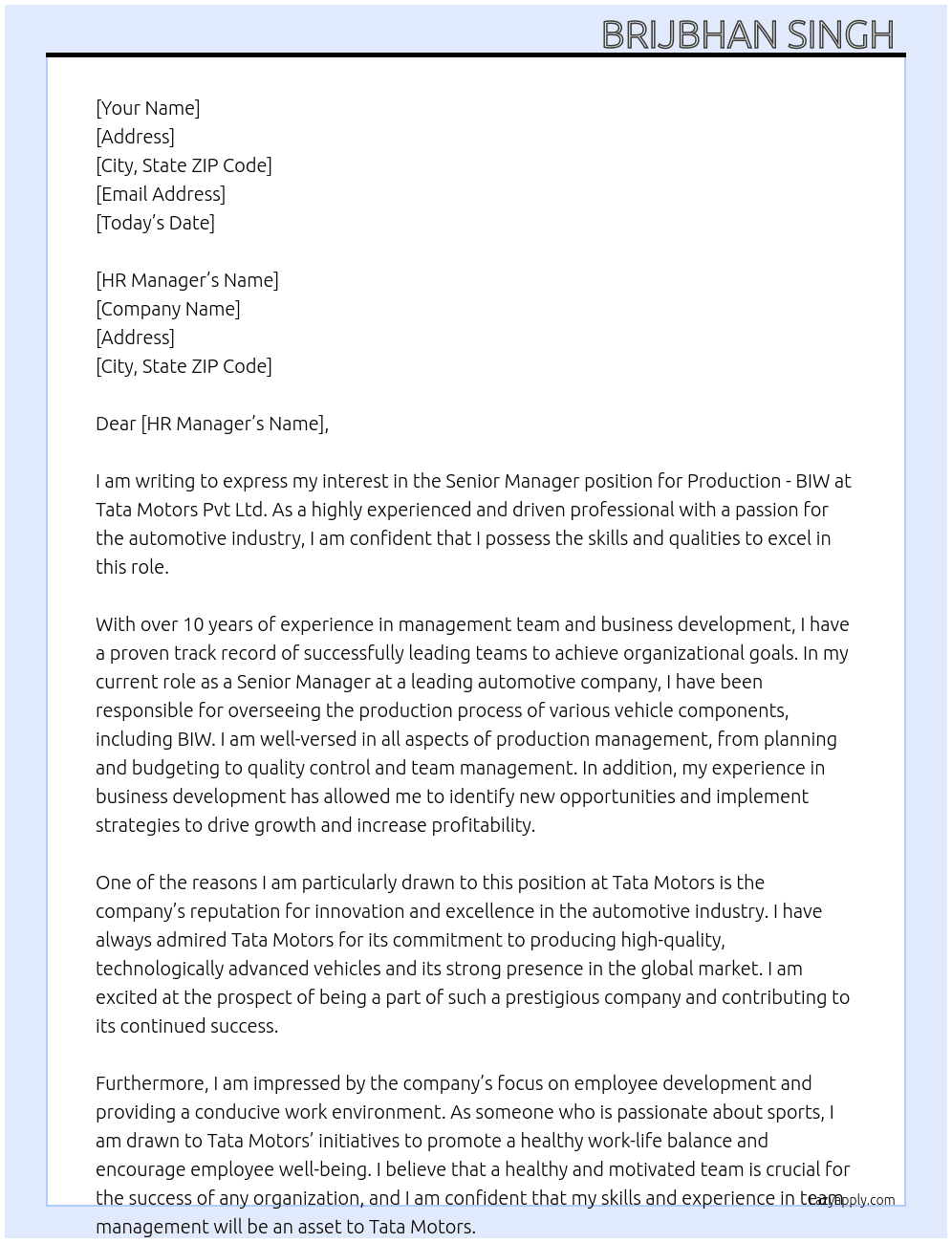 Sr senior manager production - BIW  At Tata motors Pvt Ltd  Cover Letter