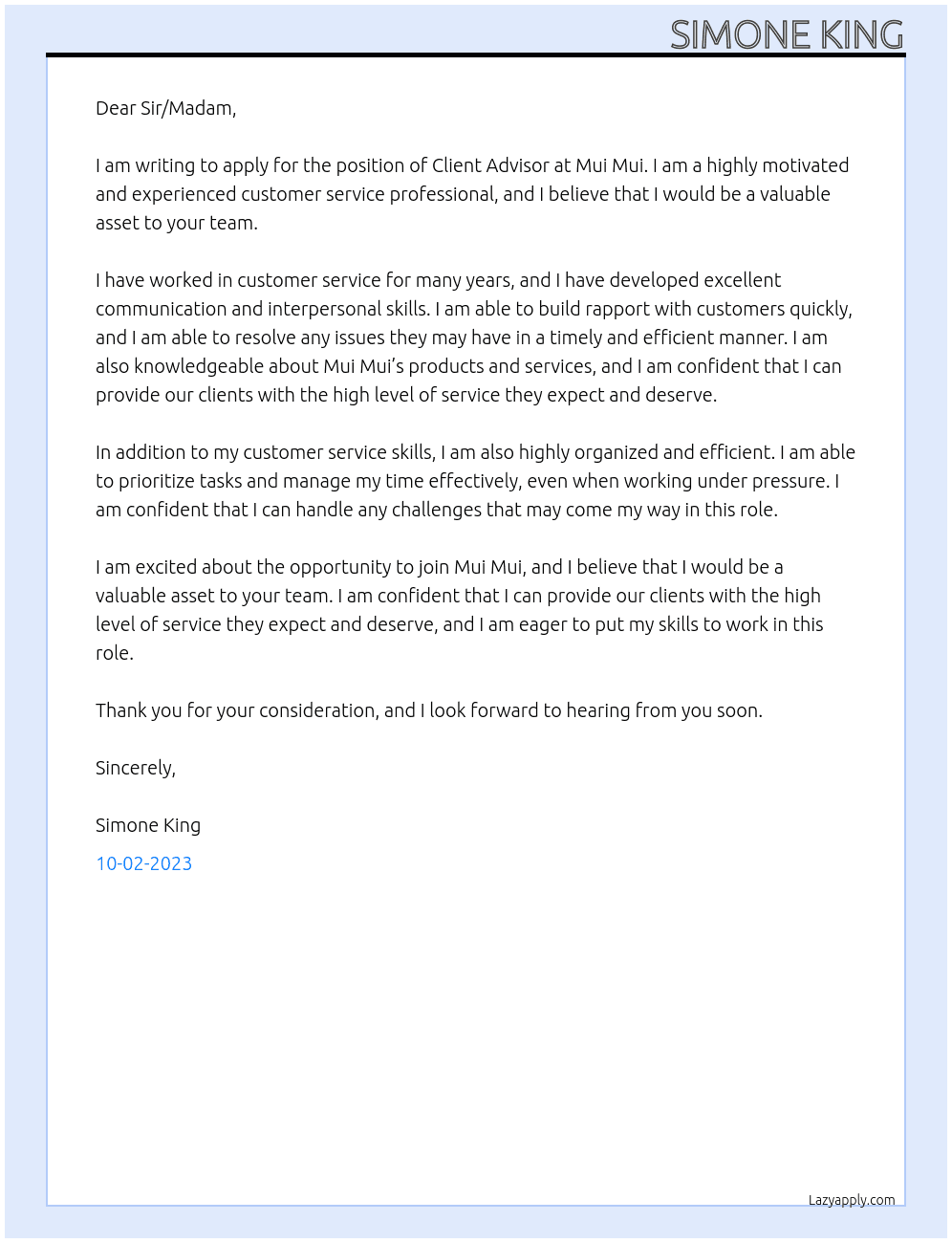 Client Advisor At Mui Mui Cover Letter