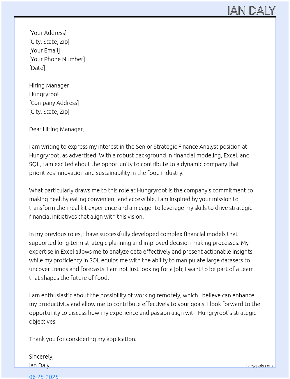 Senior Strategic Finance Analyst At Hungryroot Cover Letter