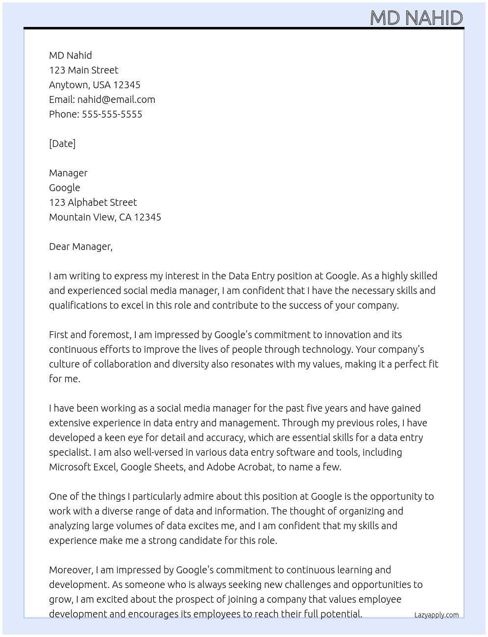 data entry At googlr Cover Letter