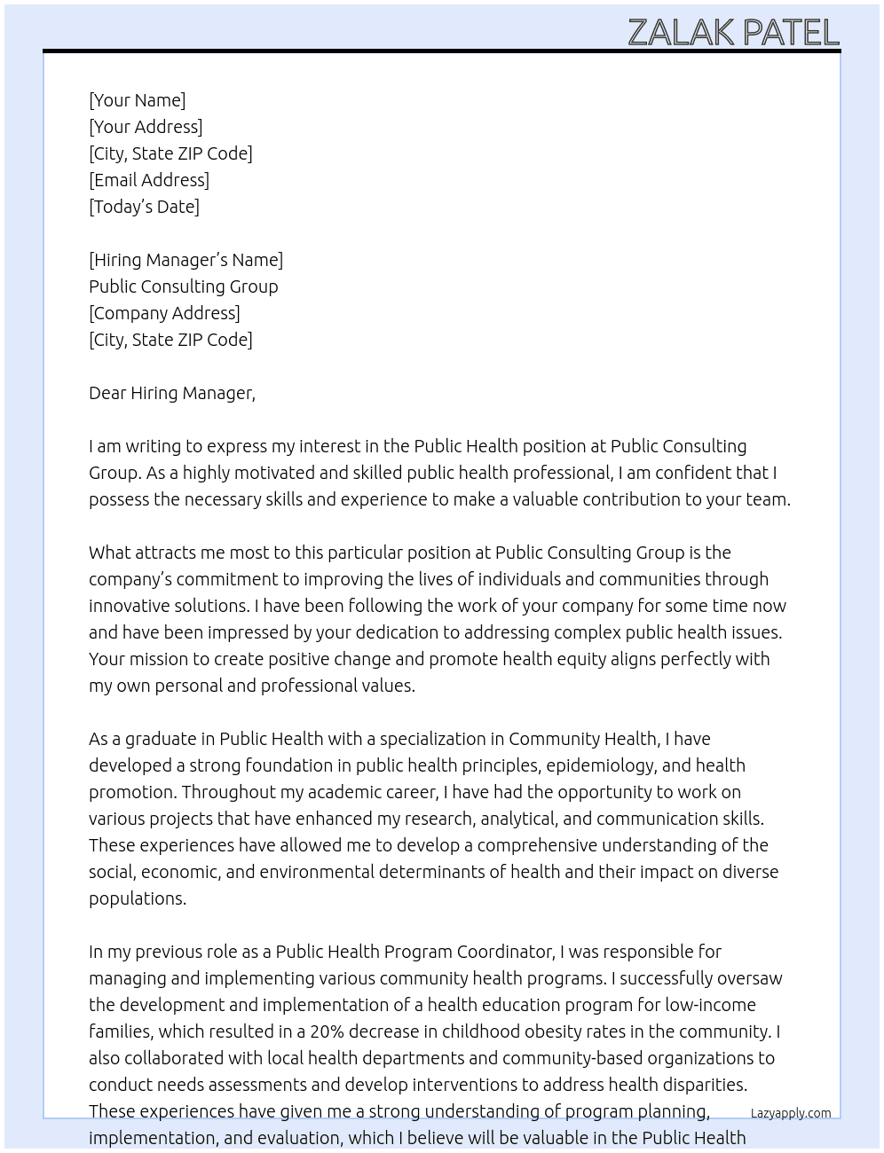 Public Health At Public Consulting Group Cover Letter