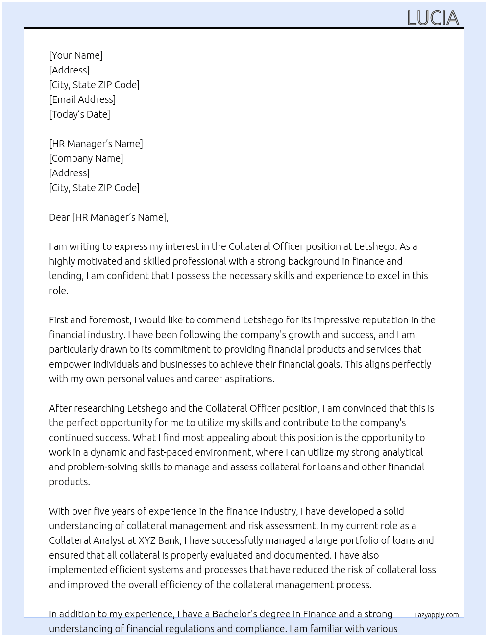 Cover letter for collateral officer - LazyApply