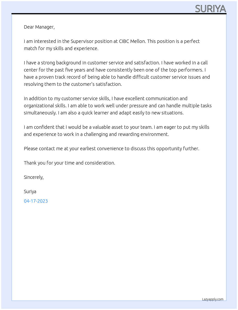 Supervisor At CIBC Mellon Cover Letter