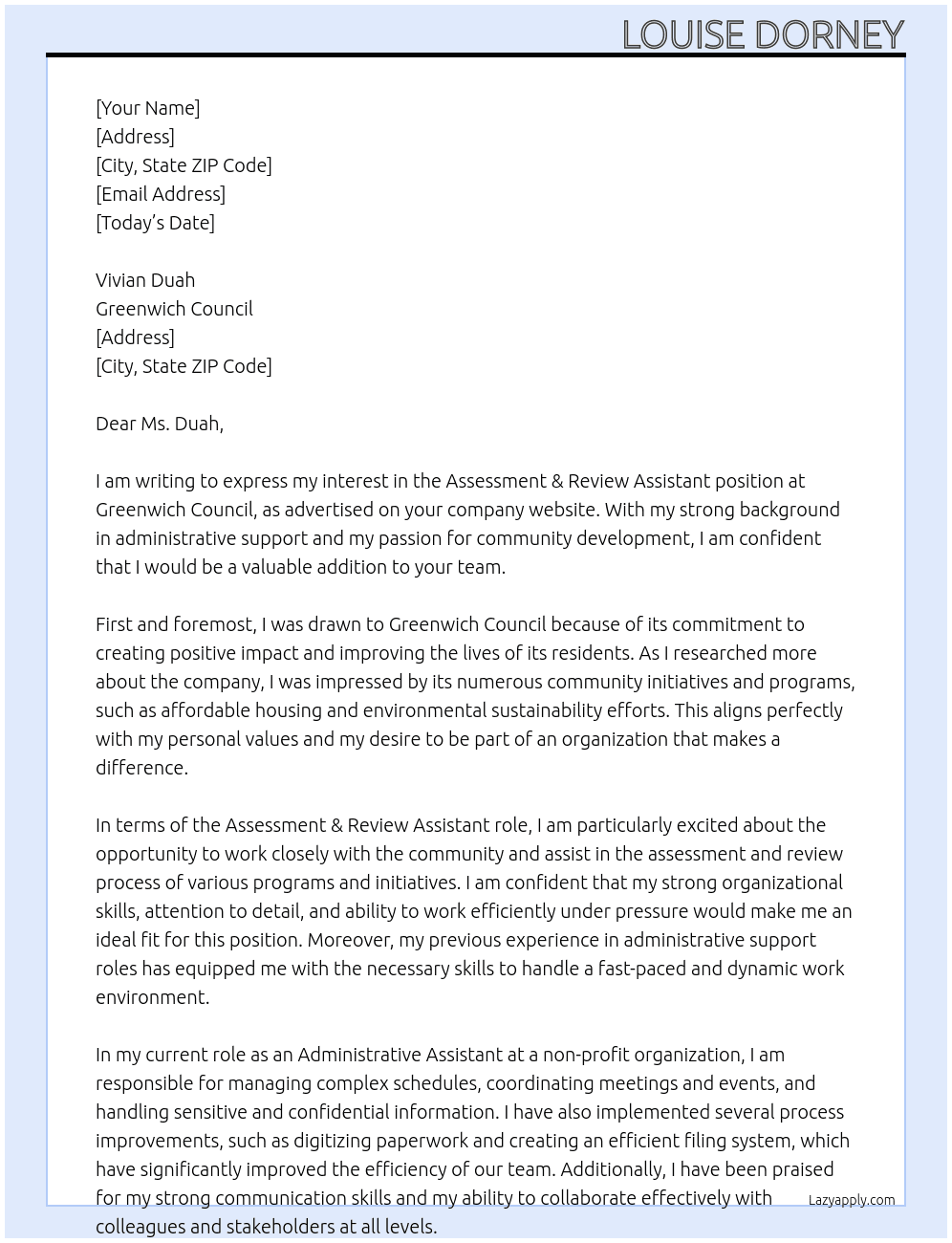 Assessment & Review Assistant At Greenwich Council Cover Letter