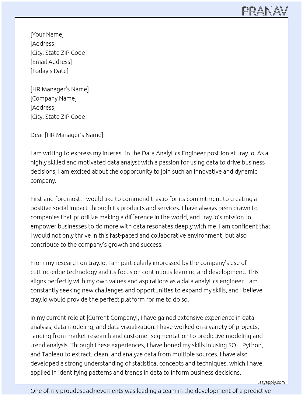 Data Analytics Engineer At tray.io Cover Letter