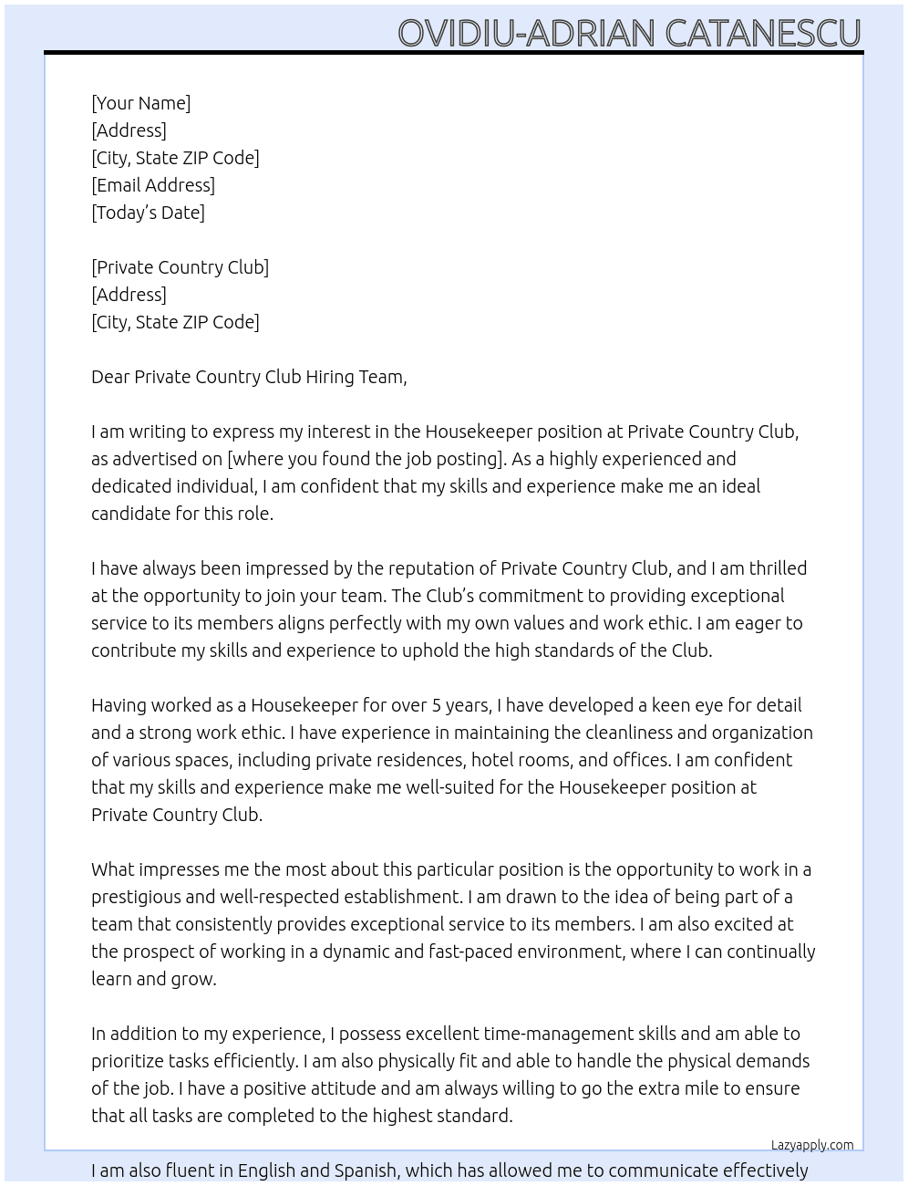 Housekeeper At Private Country Club Cover Letter