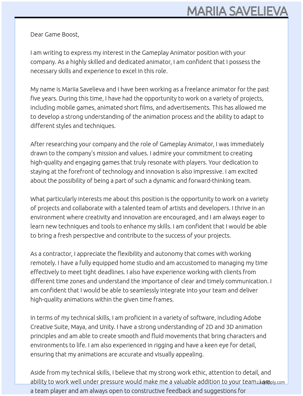 Gameplay Animator At Game Boost Cover Letter