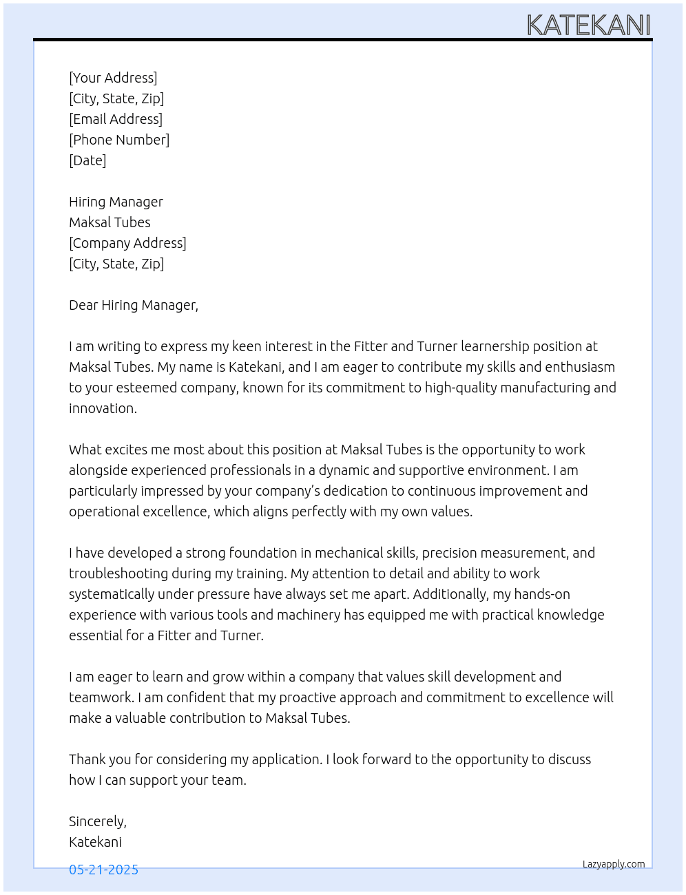Fitter and turner learnership At Maksal Tubes Cover Letter