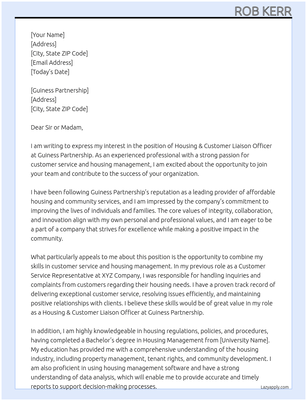 Housing & Customer Liaison Officer At Guiness Partnership Cover Letter