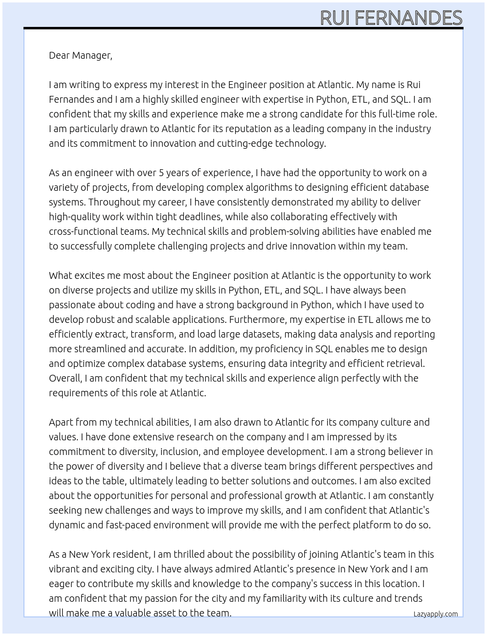 Engineer  At Atlantic Cover Letter