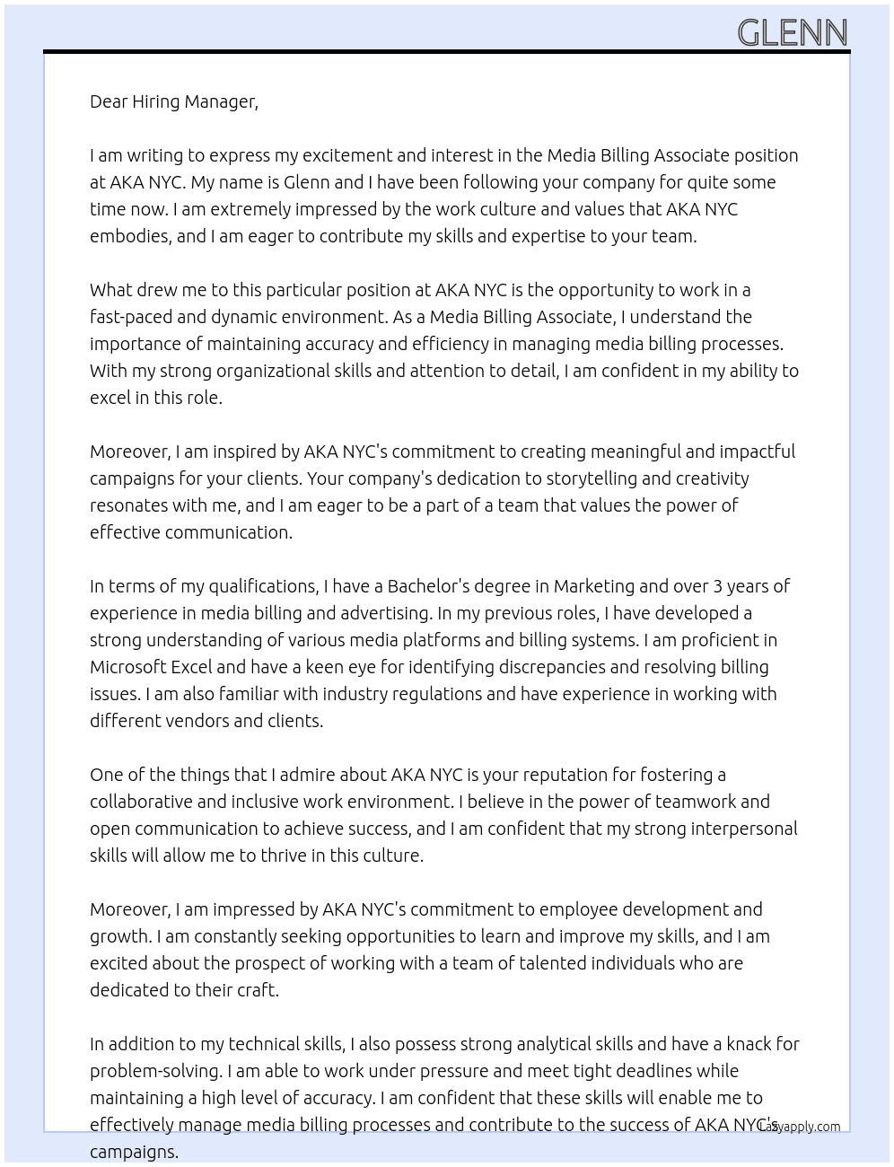 Media Billing Associate At AKA NYC Cover Letter