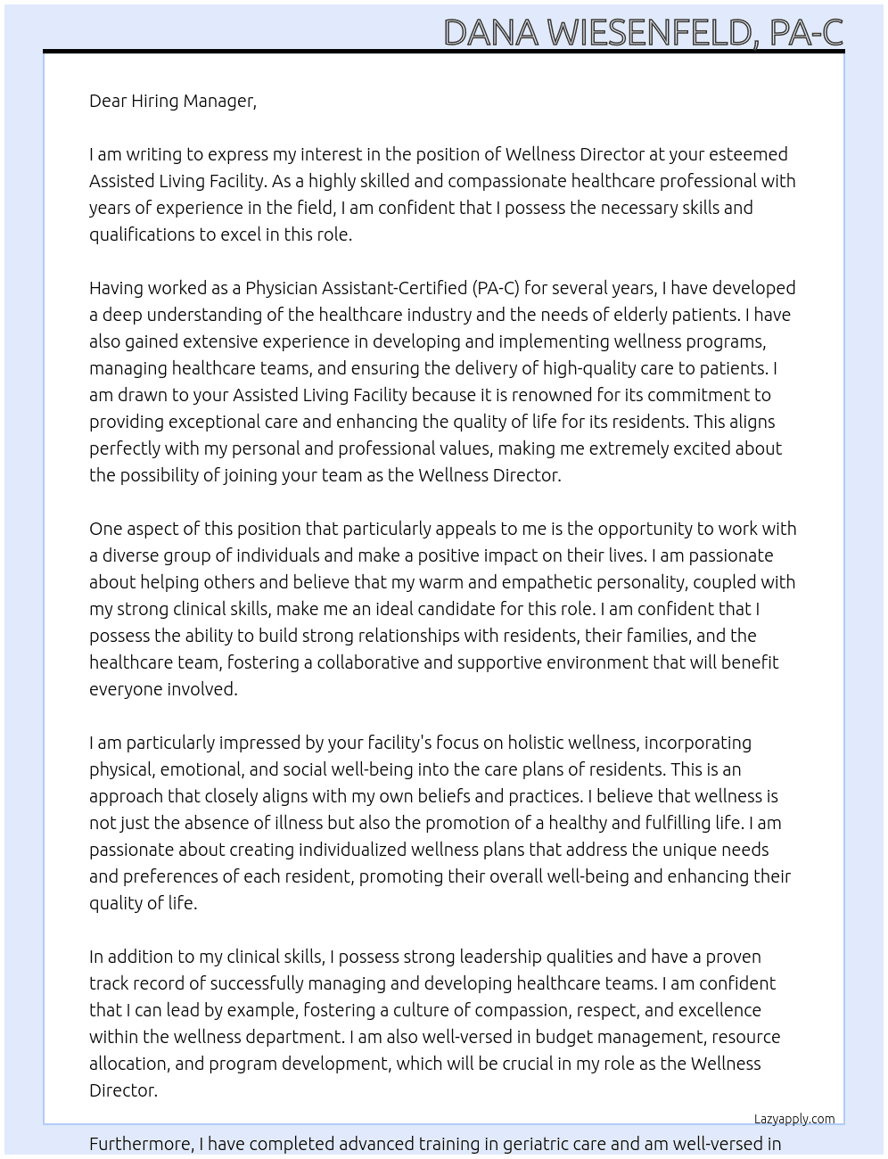Wellness Director At Assisted Living Facility Cover Letter