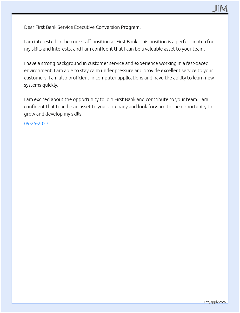 core staff  At  First bank service executive conversion program  Cover Letter