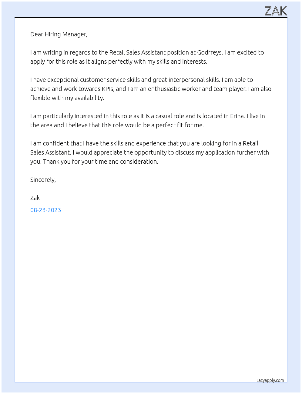 Retail sales assistant At Godfreys Cover Letter