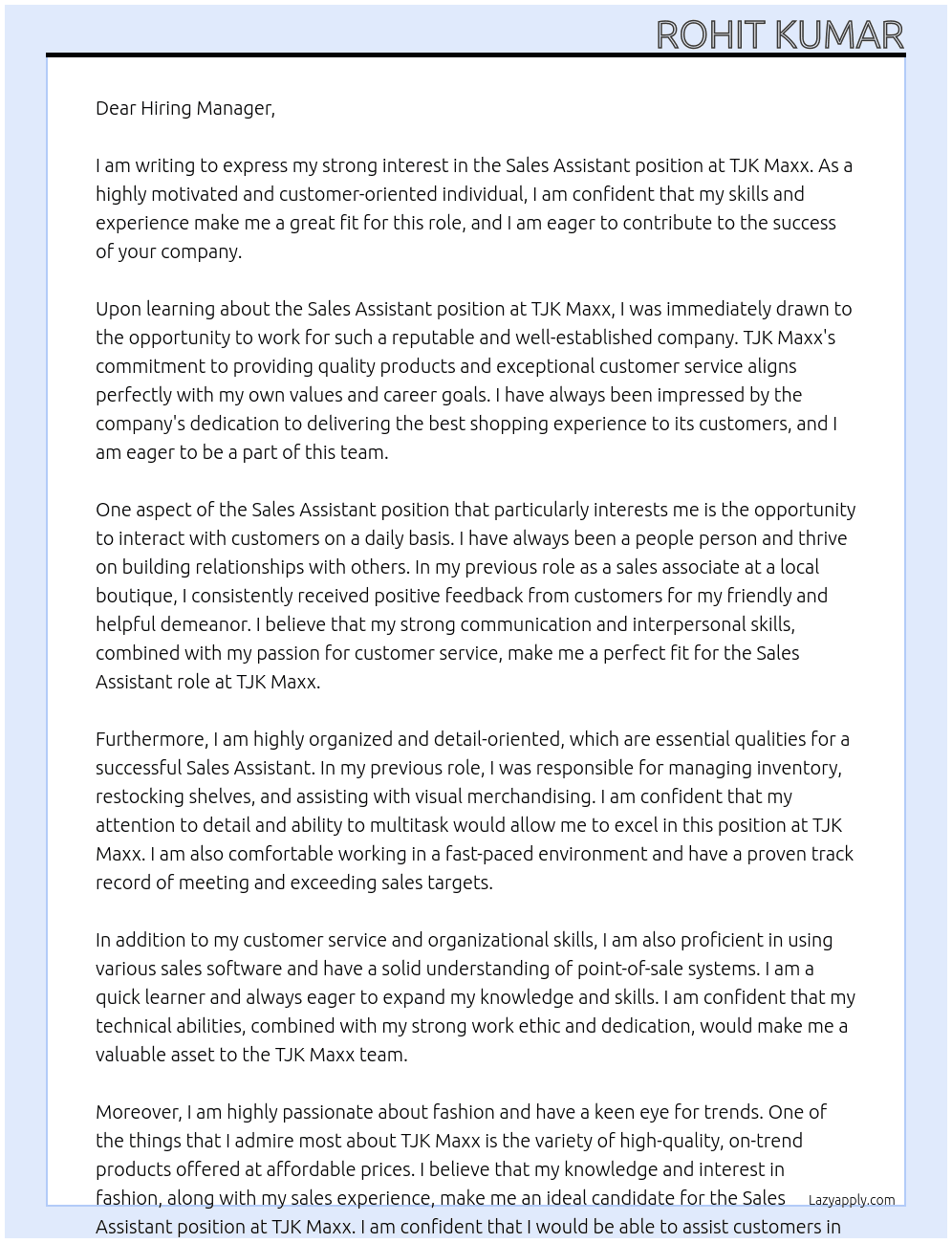 Sales assistant At TJK Maxx Cover Letter