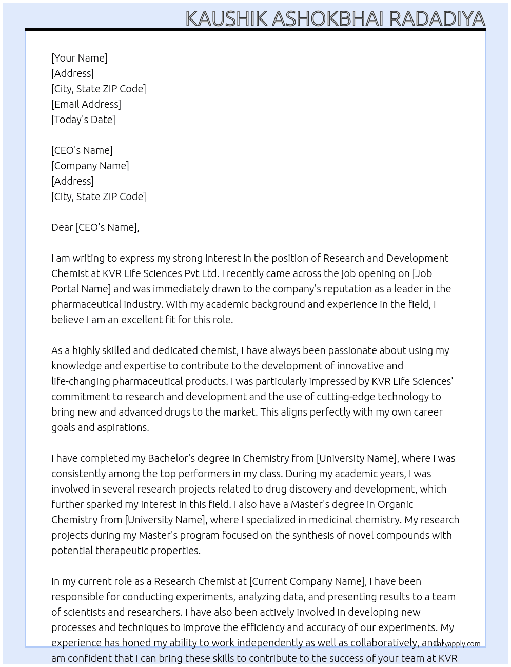 Research and development Chemist  At KVR life sciences pvt Ltd Cover Letter