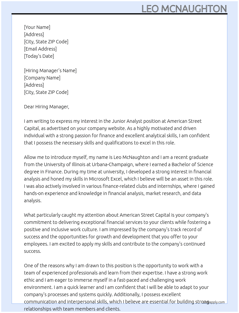 Junior Analyst At American Street Capital Cover Letter