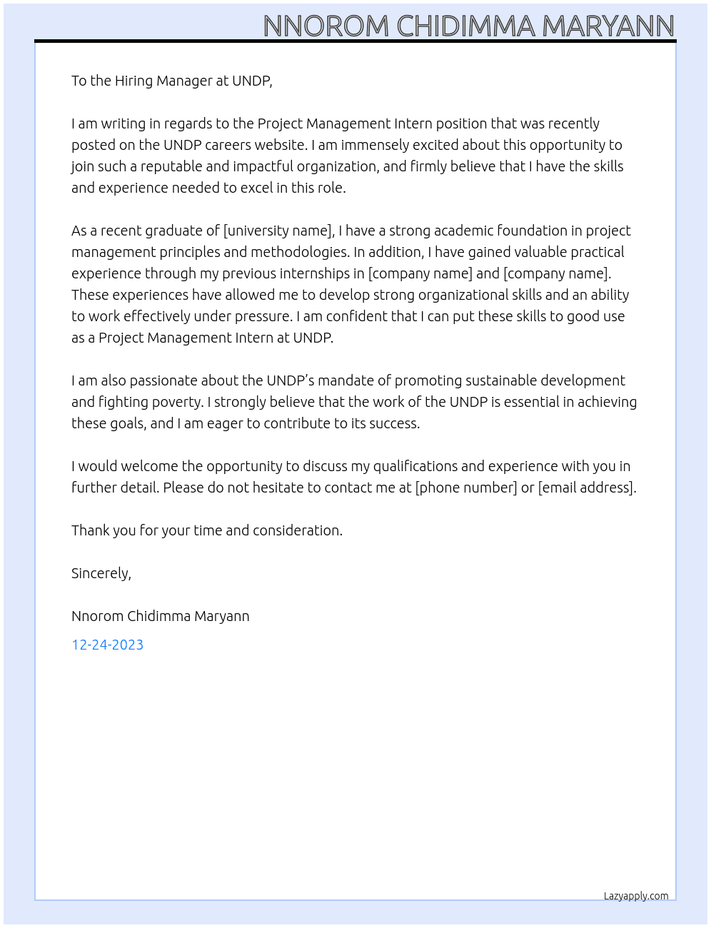 Project management intern At UNDP careers  Cover Letter