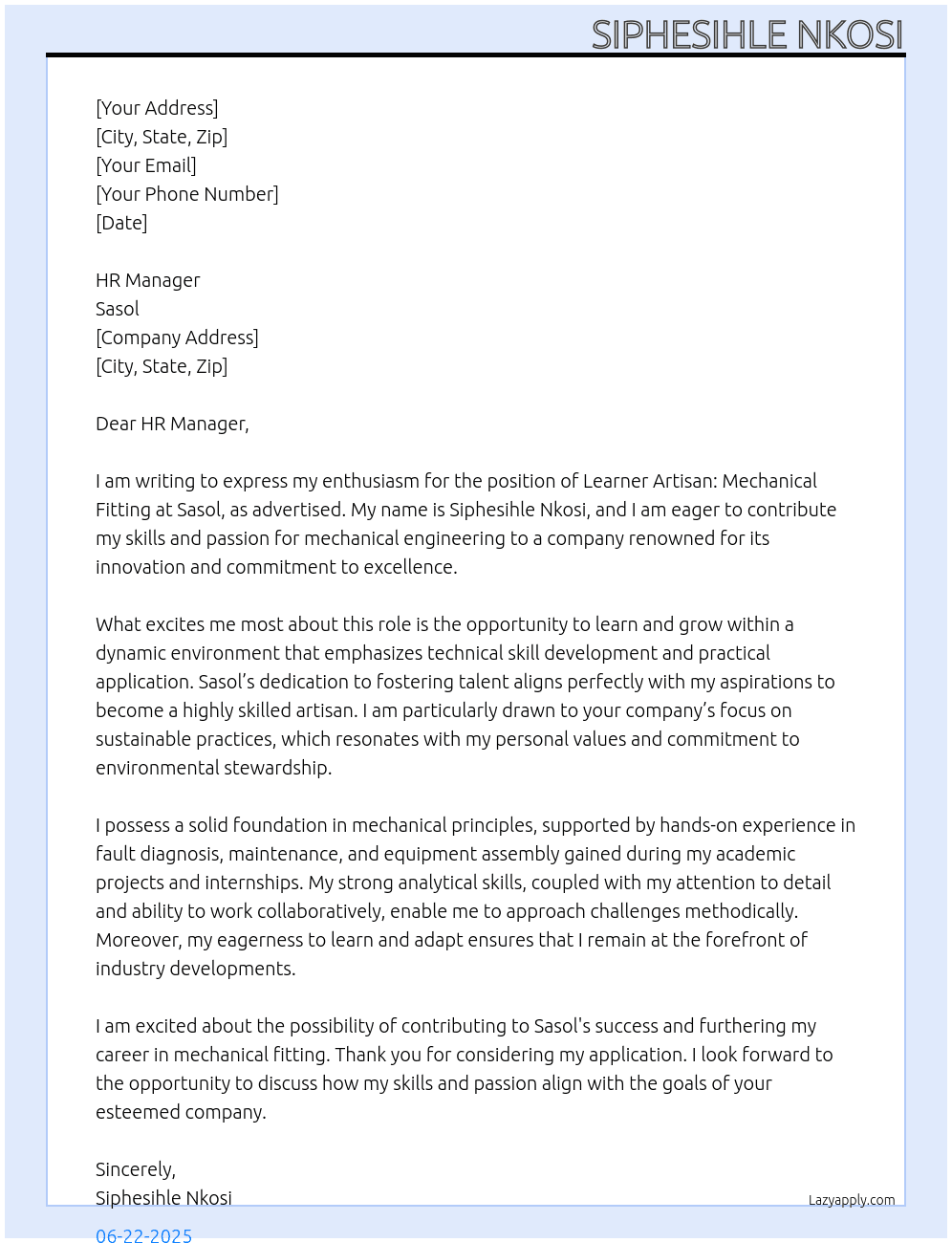 Cover letter for learner artisan: mechanical fitting - LazyApply