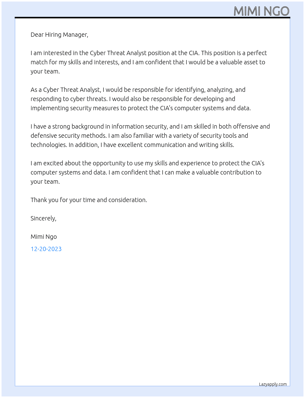CYBER THREAT ANALYST At CIA Cover Letter