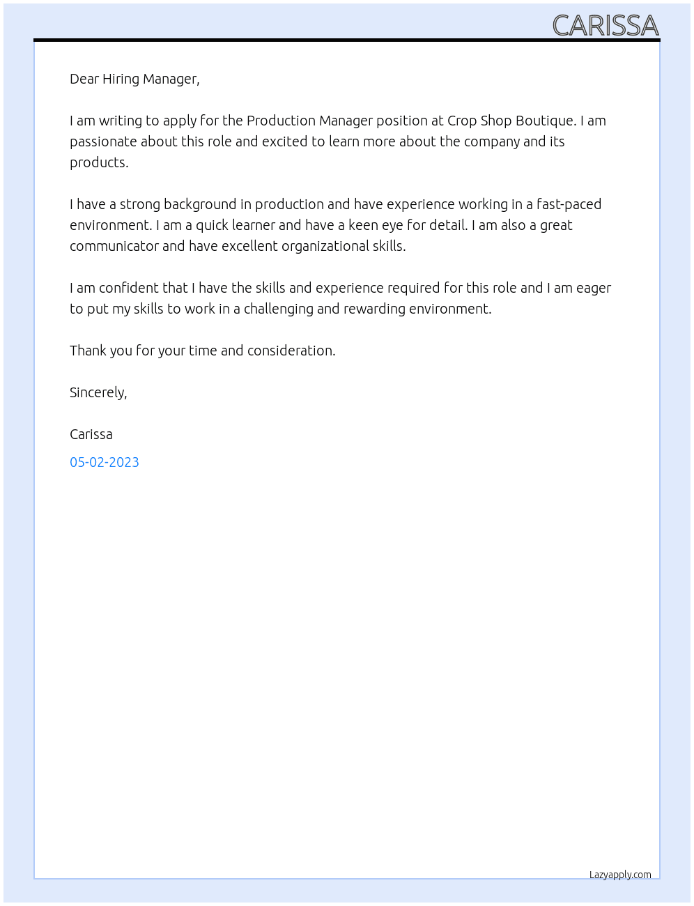 Production Manager At Crop Shop Boutique  Cover Letter